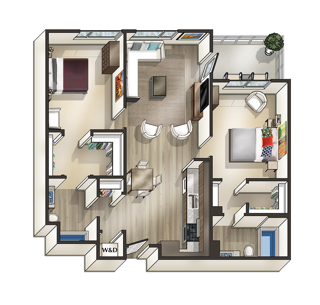 Floor plan for 2 beds, 2 baths, 1030 sqft